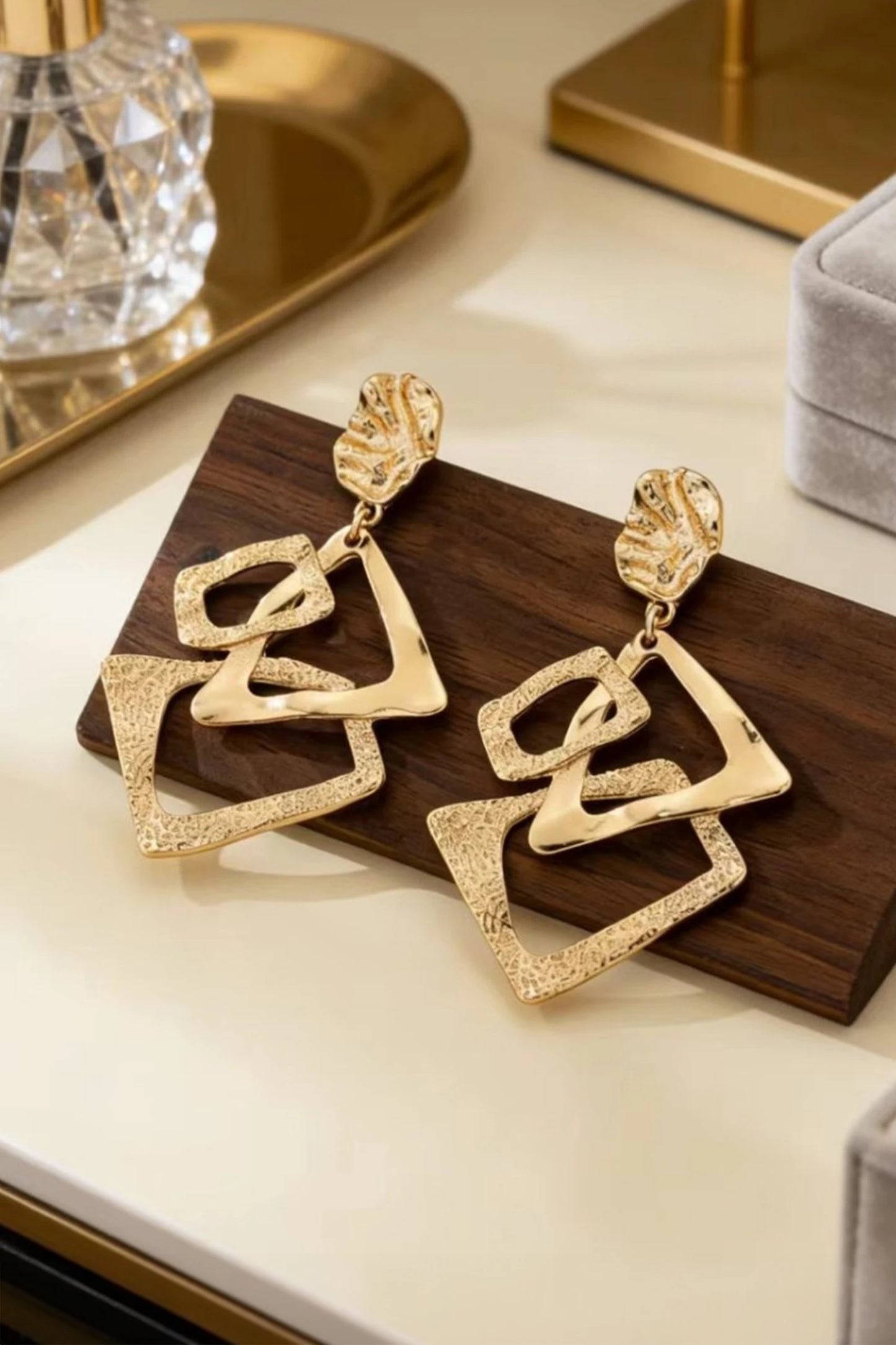 Gold Daring Studded Geometric Dangle Earrings
