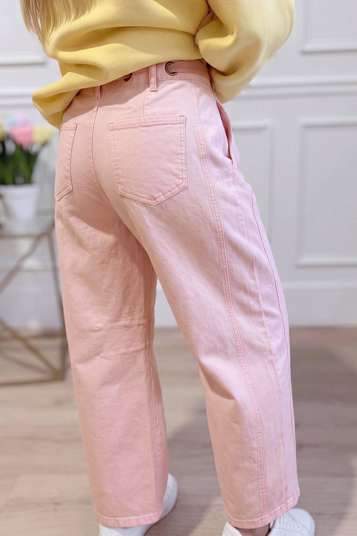 Yellow Solid Color Grommet Detail Knot Waist Barrel Jeans