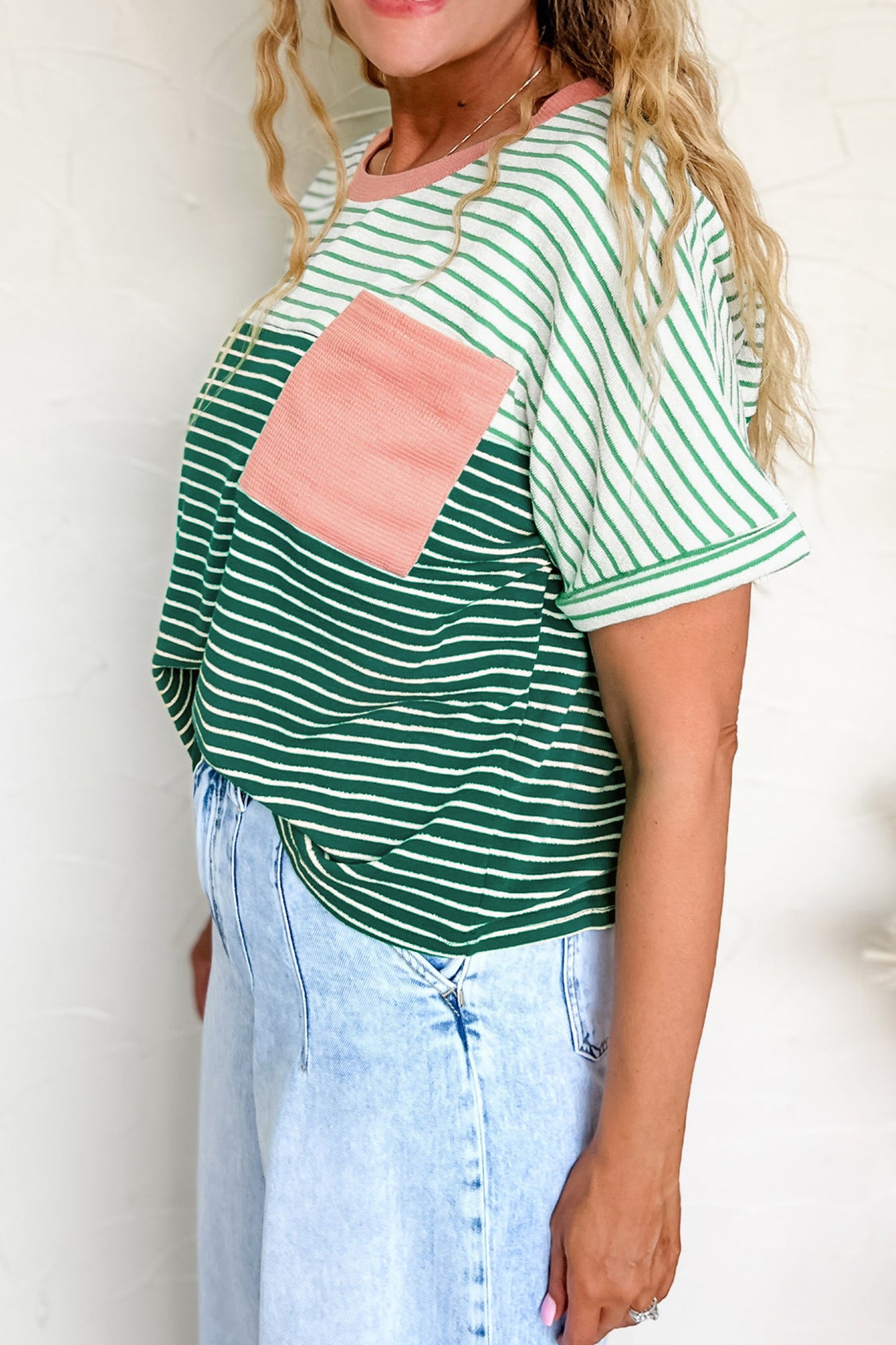 Striped Textured Tee Colorblock Pocket Casual Top