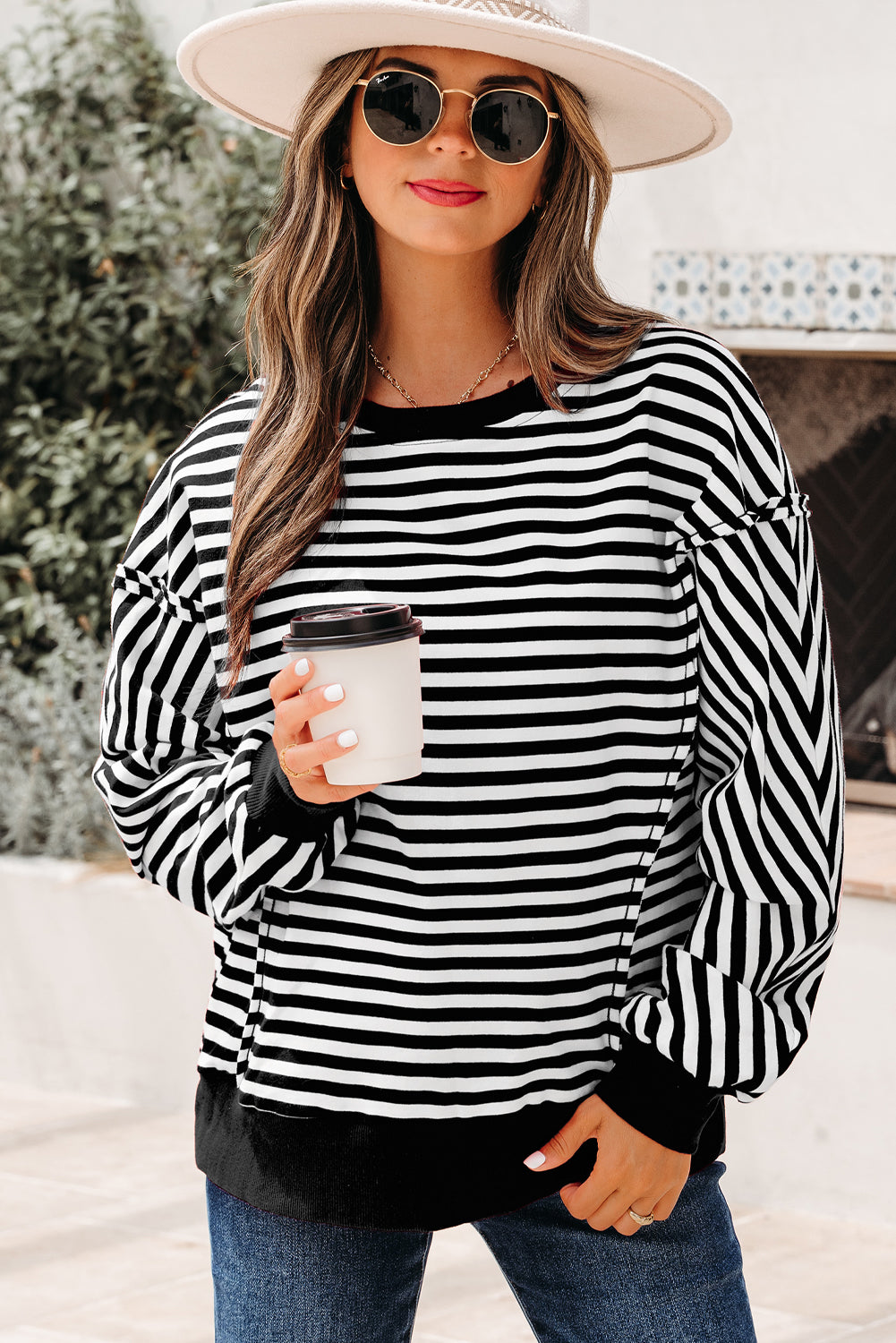Red Stripe Exposed Seam Drop Shoulder Casual Pullover Top