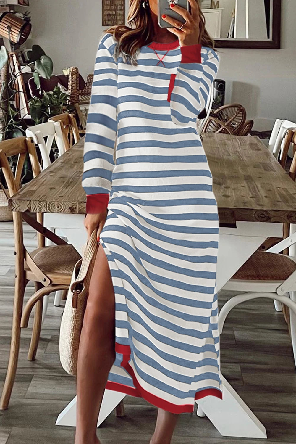 Striped Print Contrast Edge Long Sleeve Midi Dress with Side Splits