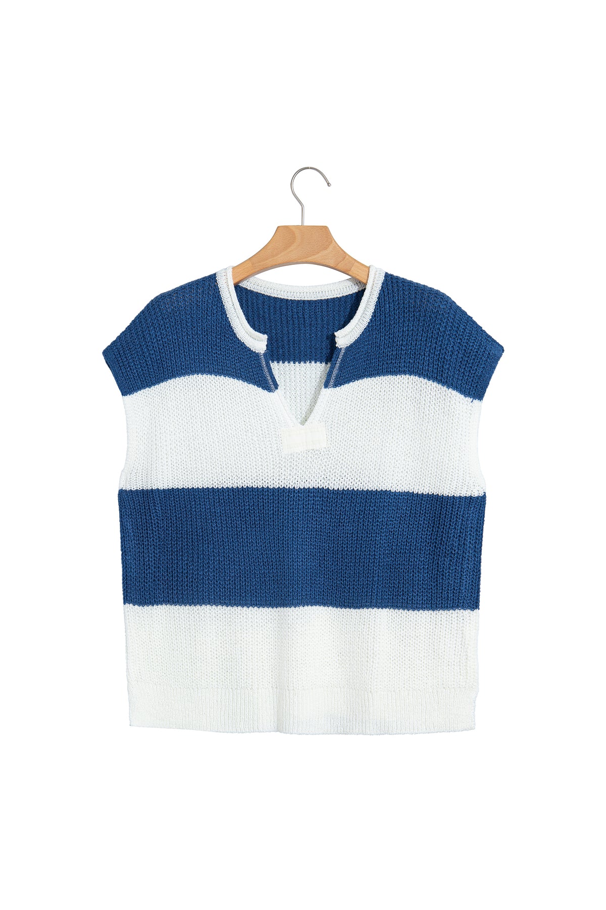 Blue Stripe Striped Colorblock Knit V Neck Short Sleeve Loose Sweater