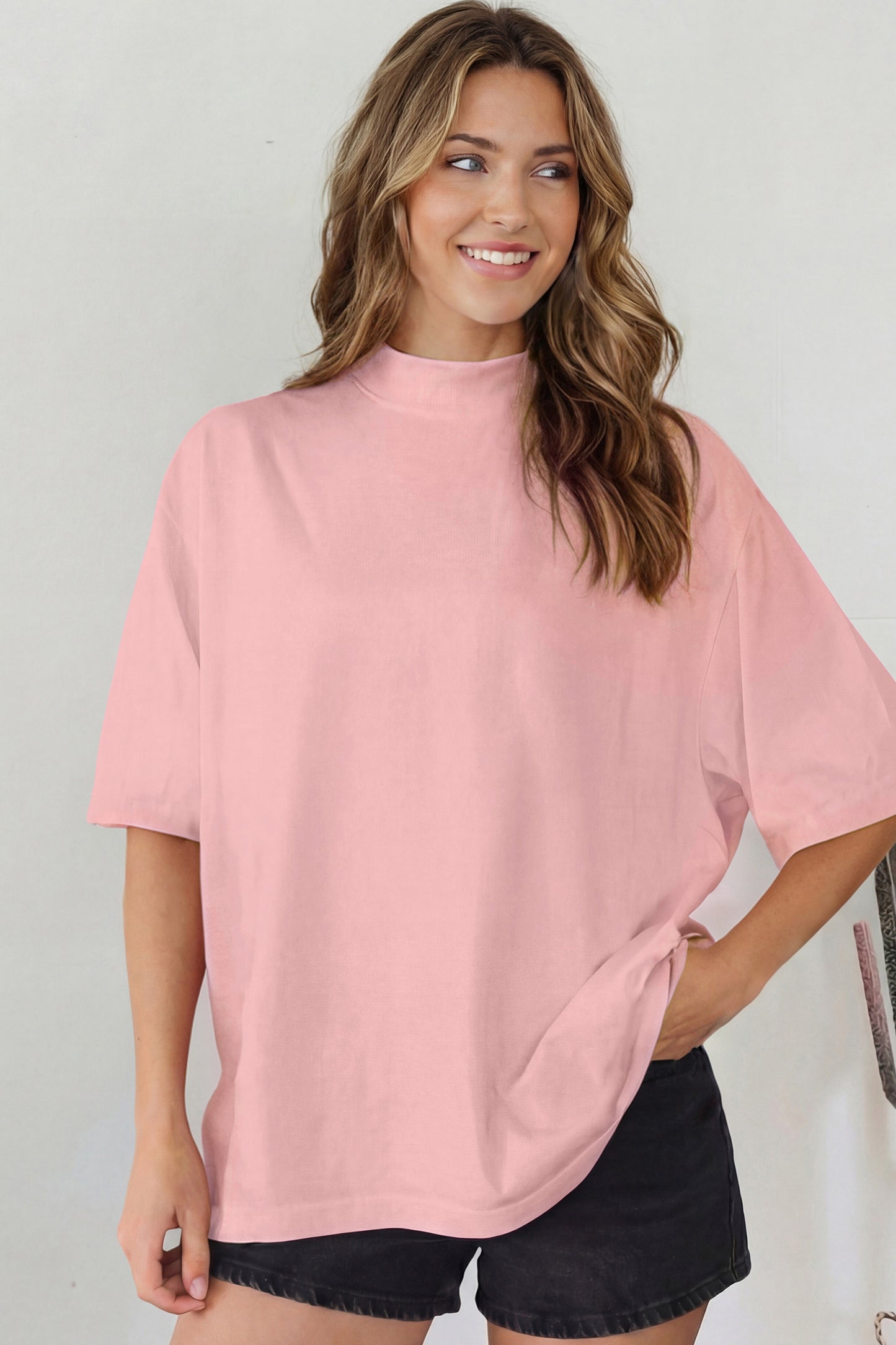 Solid Cotton Tee High Neck Oversized Casual Top