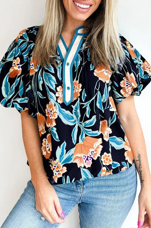 Floral V Neck Blouse Tropical Boutique Puff Top