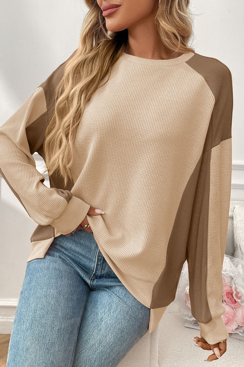 Colorblock Waffle Knit Crewneck Long Sleeve Top Women
