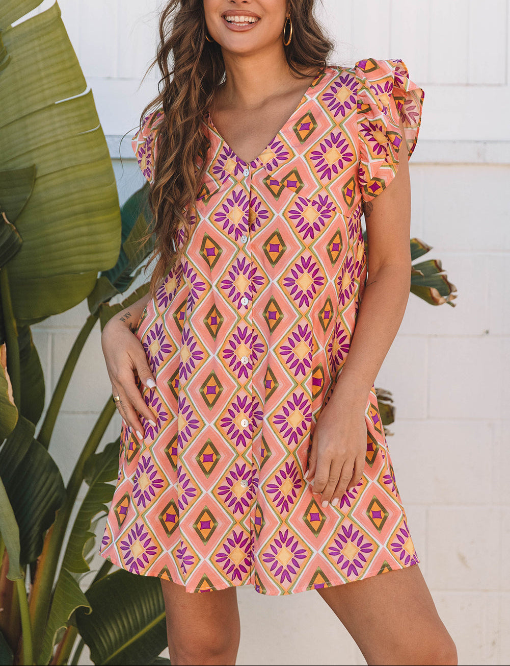 Orange Geometric Floral V Neck Buttoned Ruffled Sleeve Mini Dress