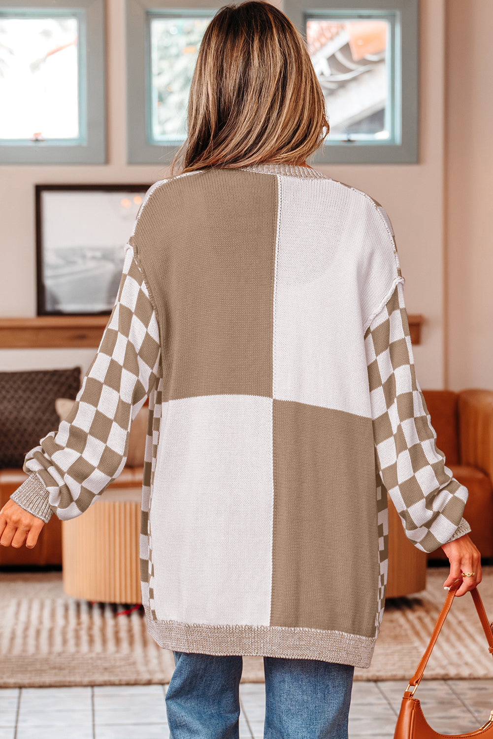 Orange Checkered Open Front Drop Shoulder Cardigan