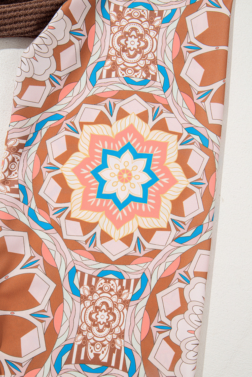 Ashleigh Blue Ruffled Floral Sleeve Patchwork Waffle Knit O Neck Blouse