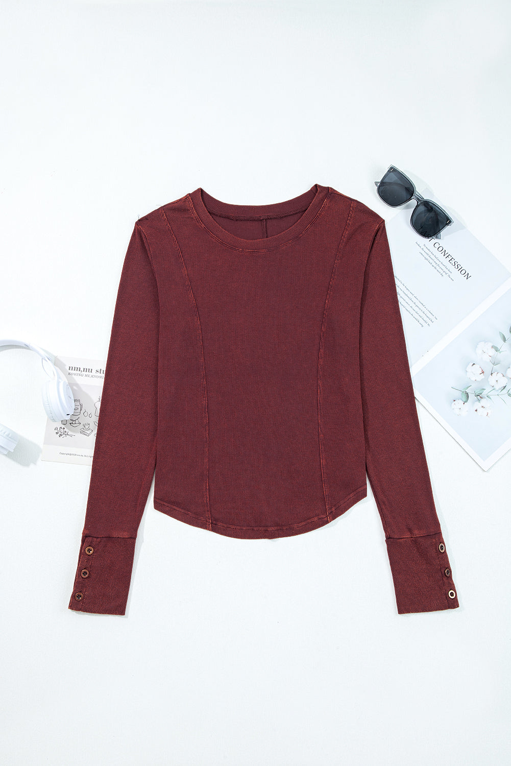 Coffee Exposed Seam Ribbed Long Sleeve Top