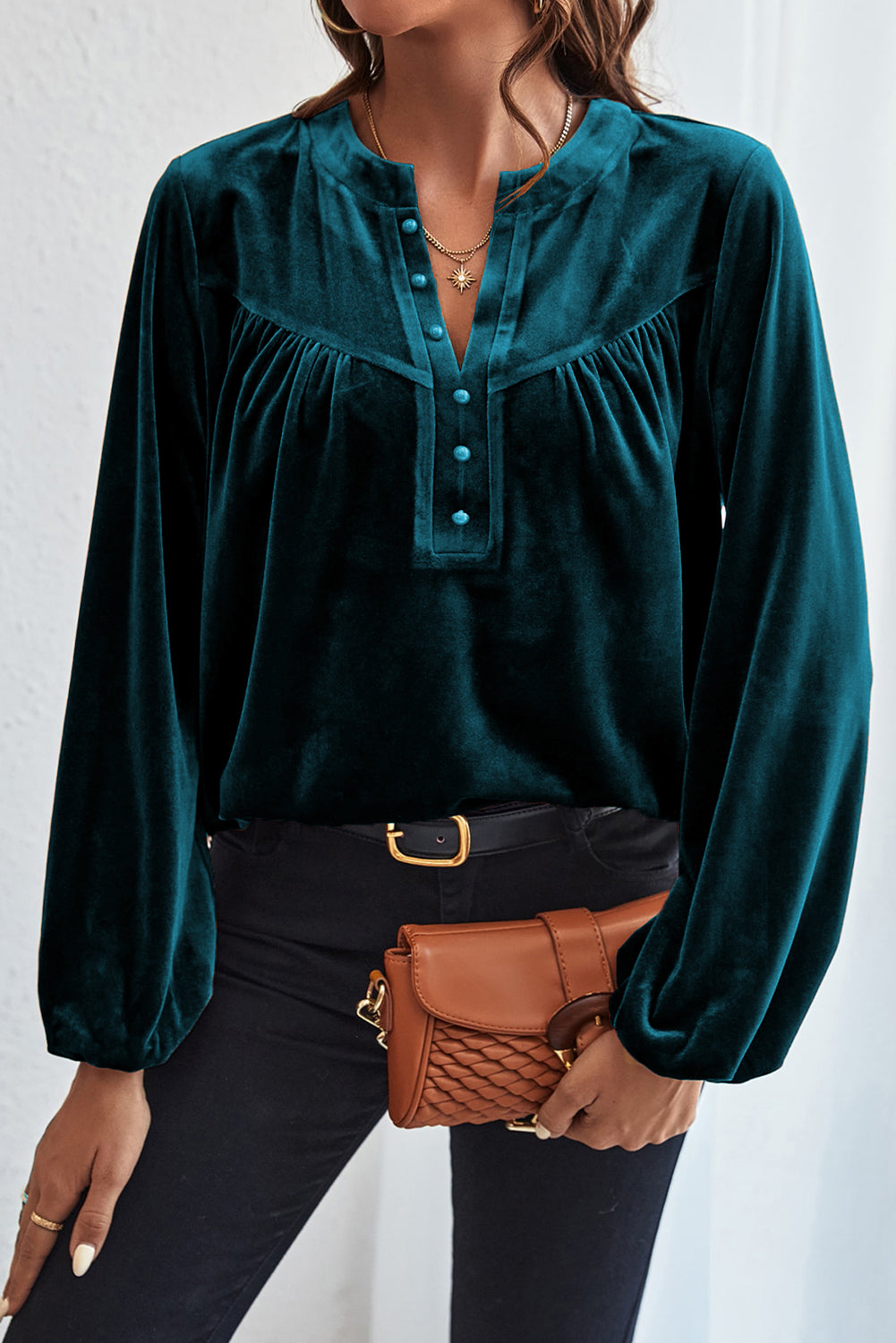 Gold Flame Lantern Sleeve Beaded Split V Neck Velvet Top
