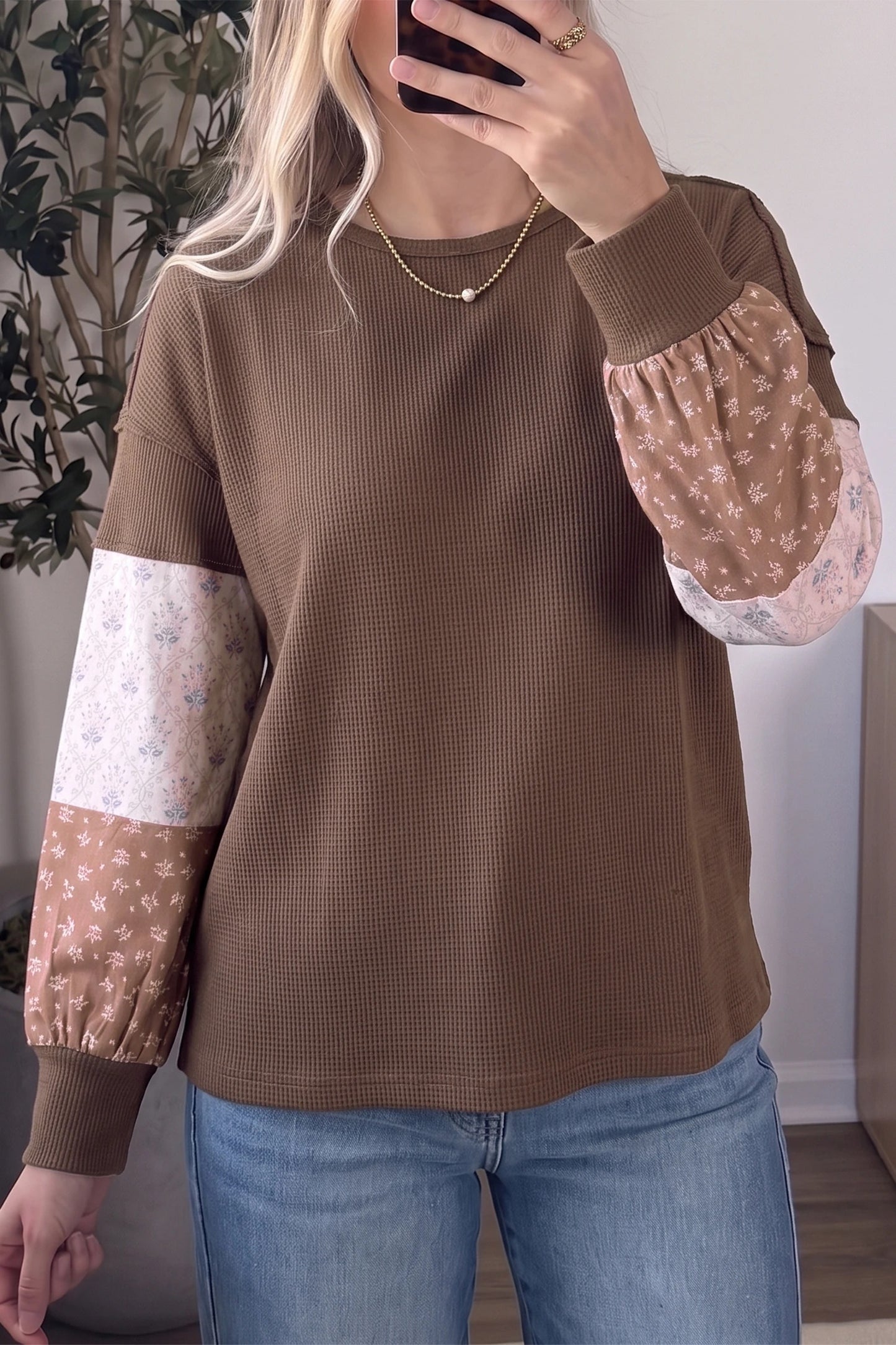 Floral Sleeve Colorblock Waffle Knit Womens Casual Top