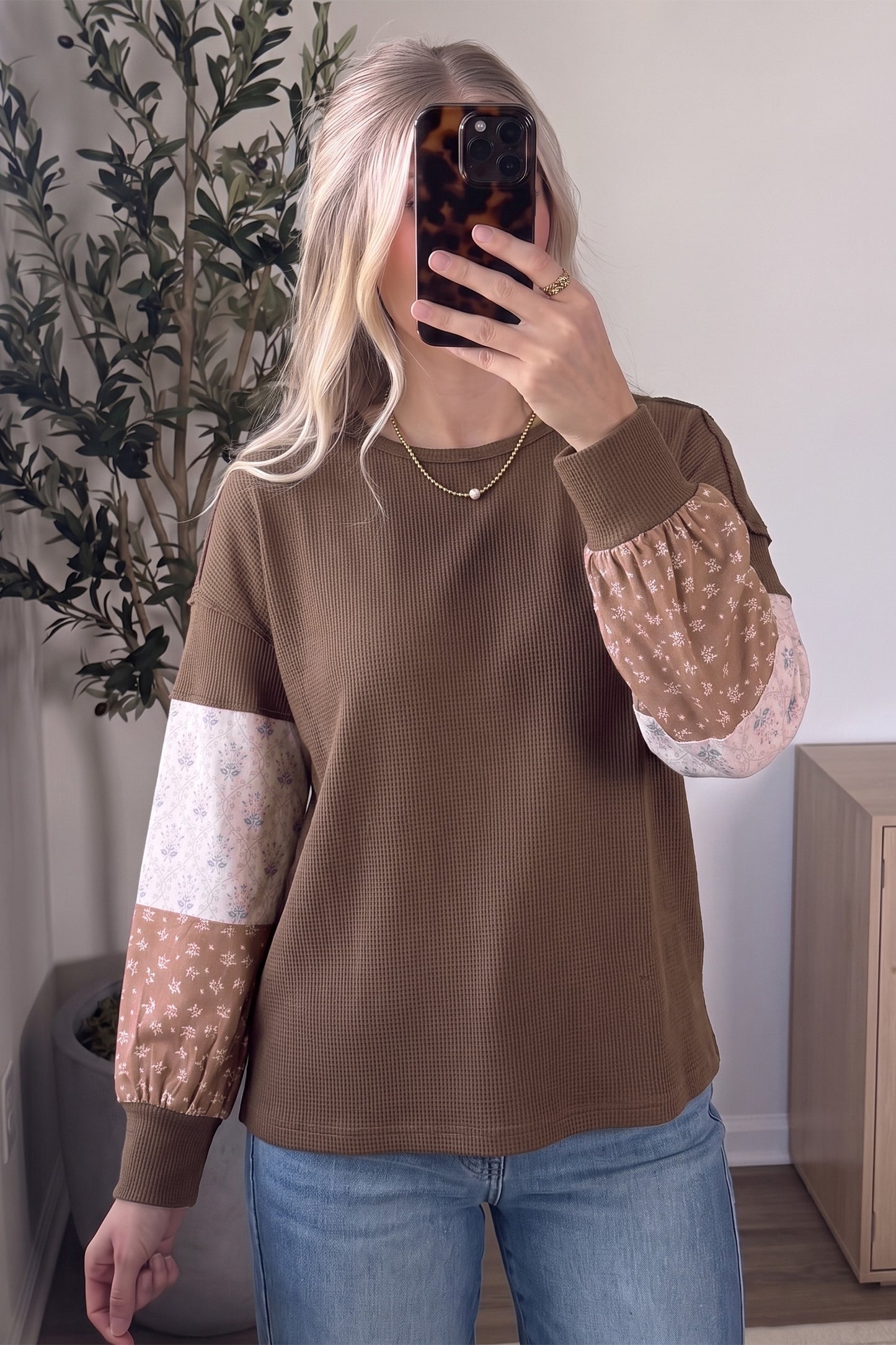 Floral Sleeve Colorblock Waffle Knit Womens Casual Top