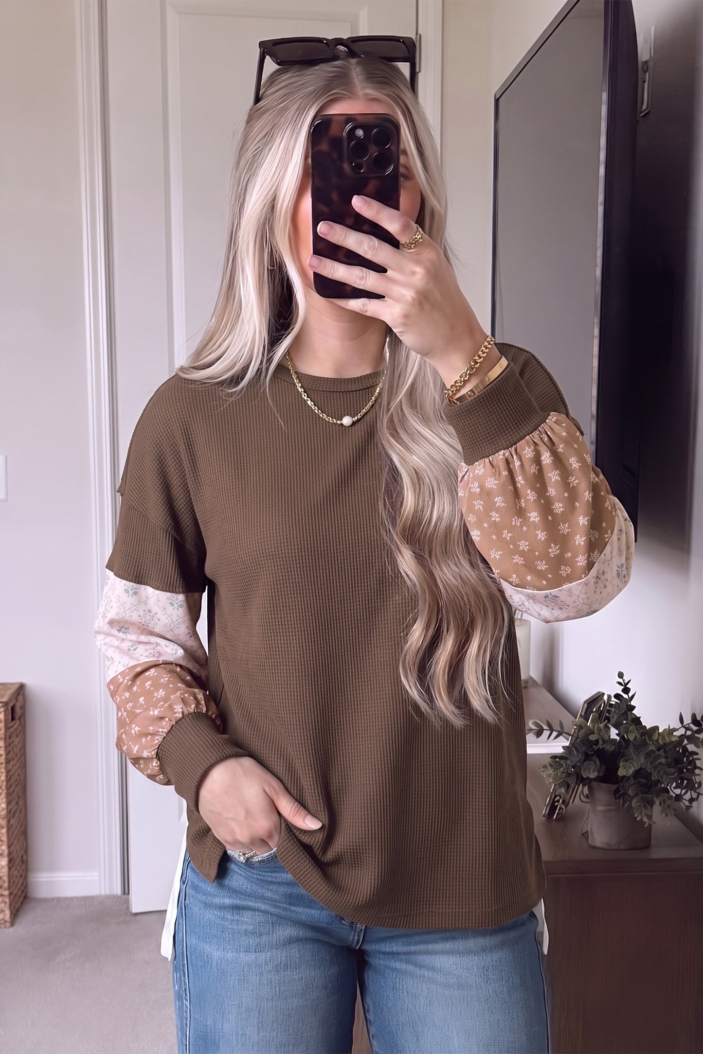 Floral Sleeve Colorblock Waffle Knit Womens Casual Top