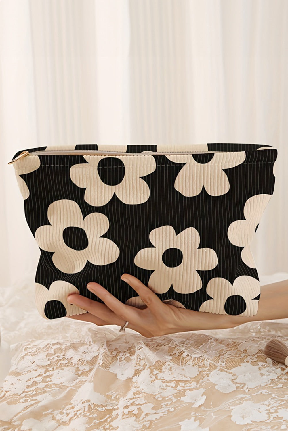 Black Flower Printed Rib Textured Cosmetic Bag
