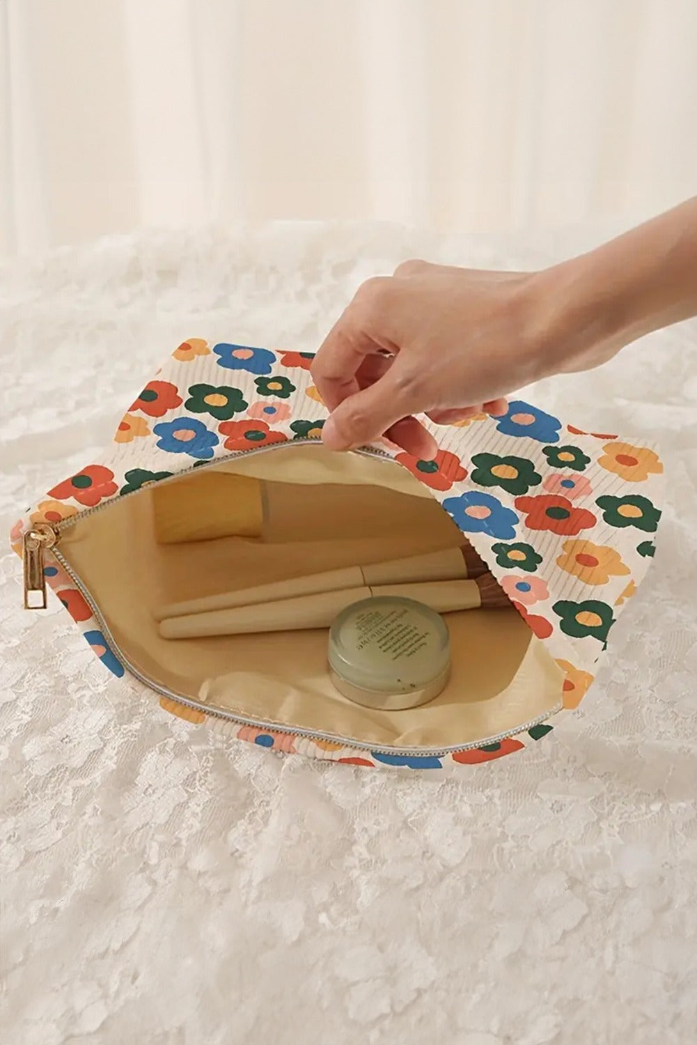 Black Flower Printed Rib Textured Cosmetic Bag