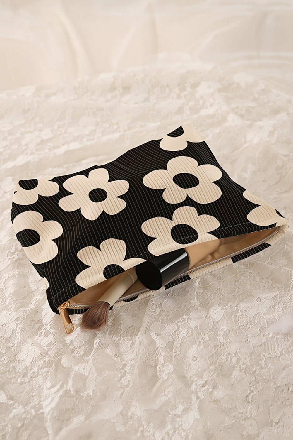 Black Flower Printed Rib Textured Cosmetic Bag