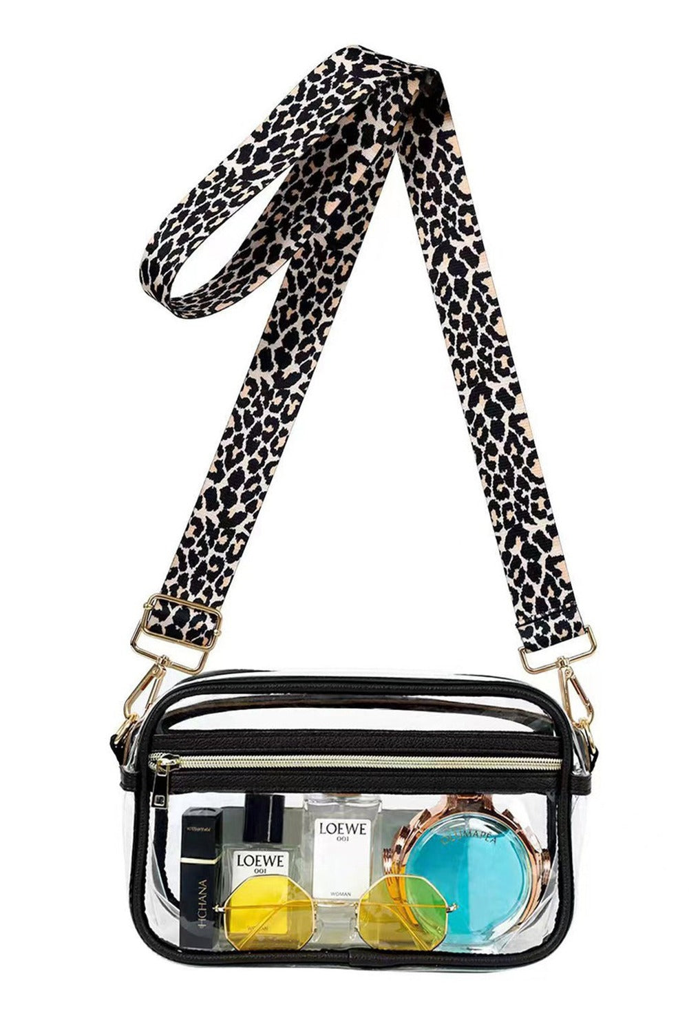 Gold Leopard Strap Clear Crossbody Bag
