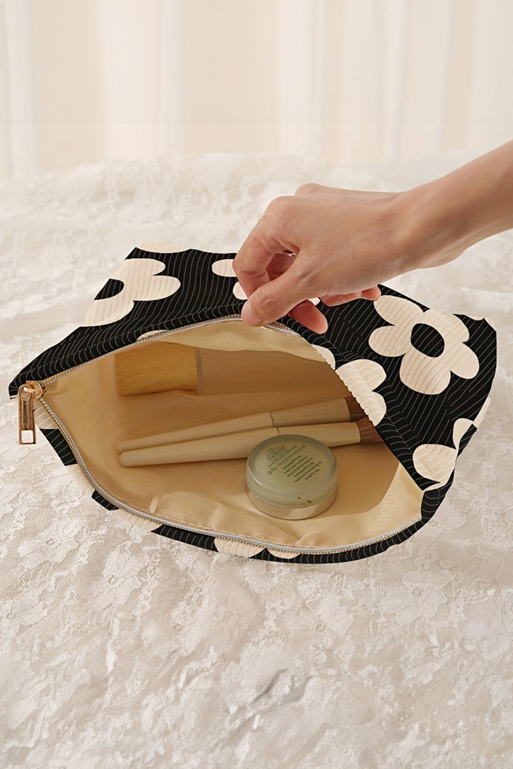 Black Flower Printed Rib Textured Cosmetic Bag