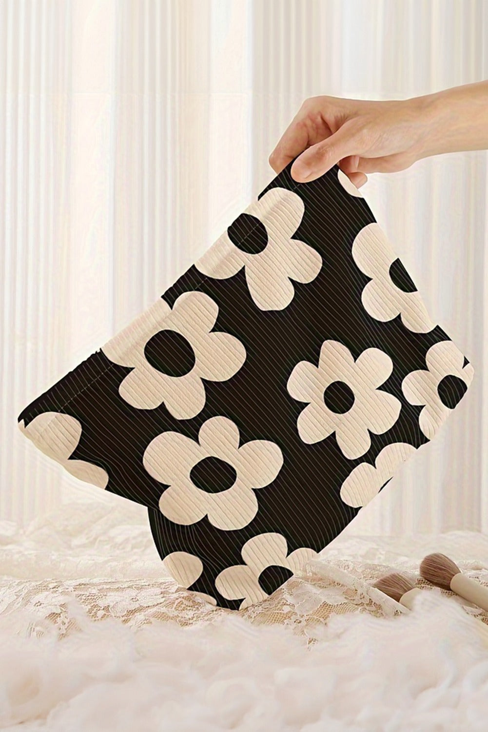Black Flower Printed Rib Textured Cosmetic Bag