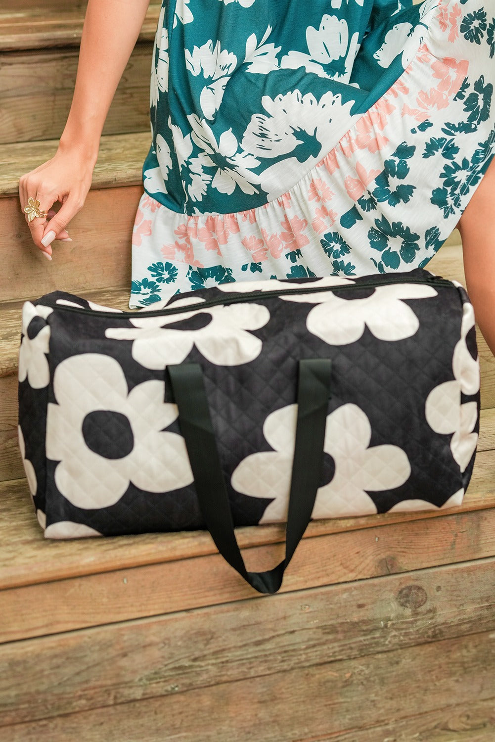 Black Flower Print Quilted Large Duffel Bag