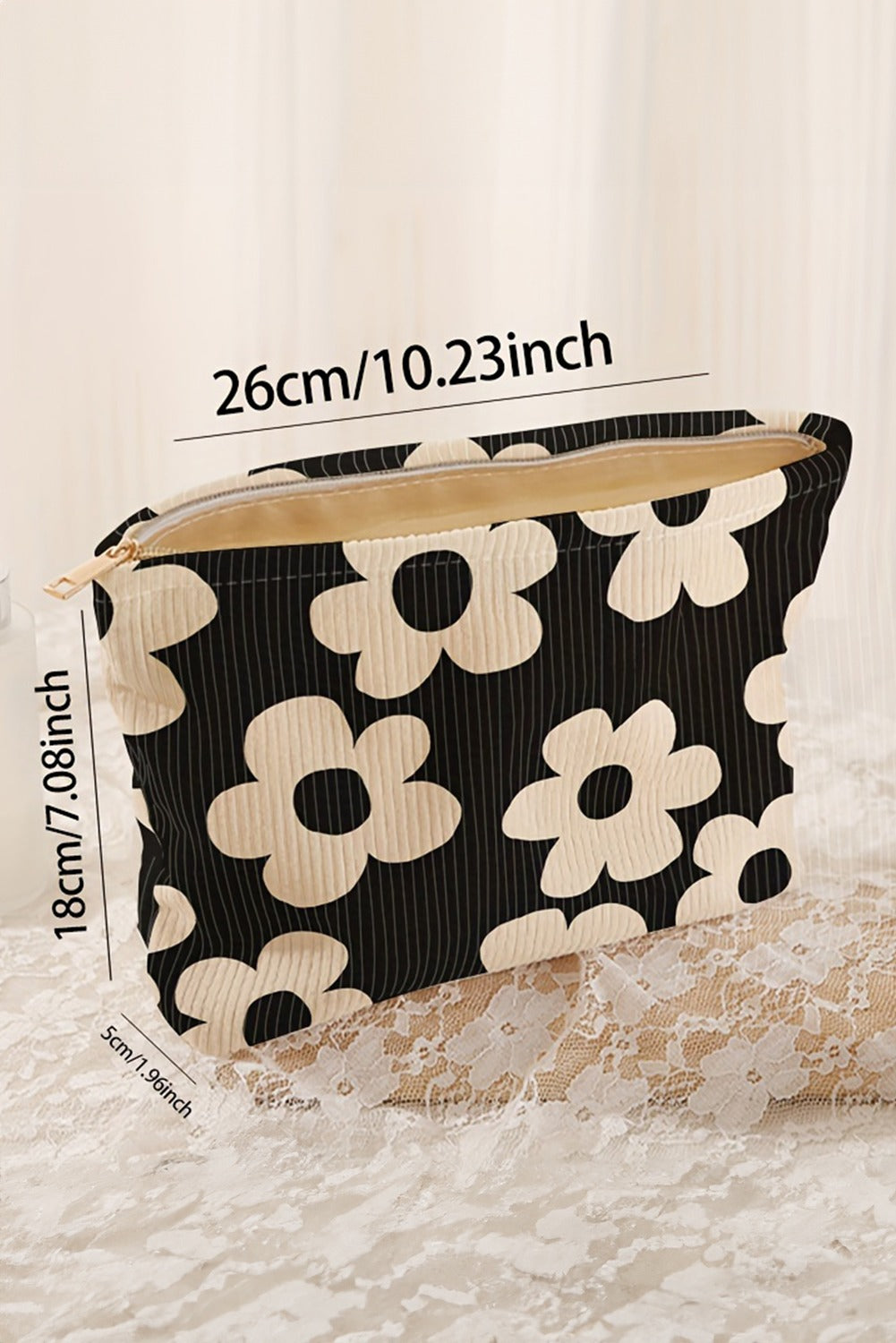 Black Flower Printed Rib Textured Cosmetic Bag