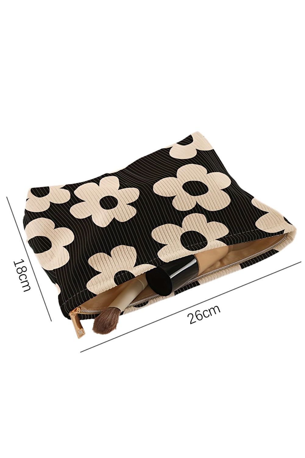 Black Flower Printed Rib Textured Cosmetic Bag
