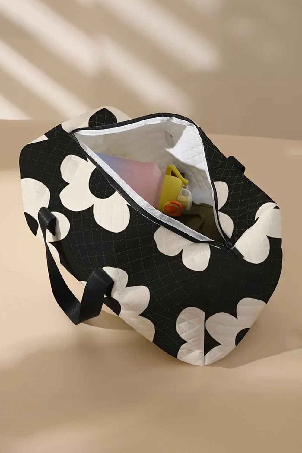 Black Flower Print Quilted Large Duffel Bag