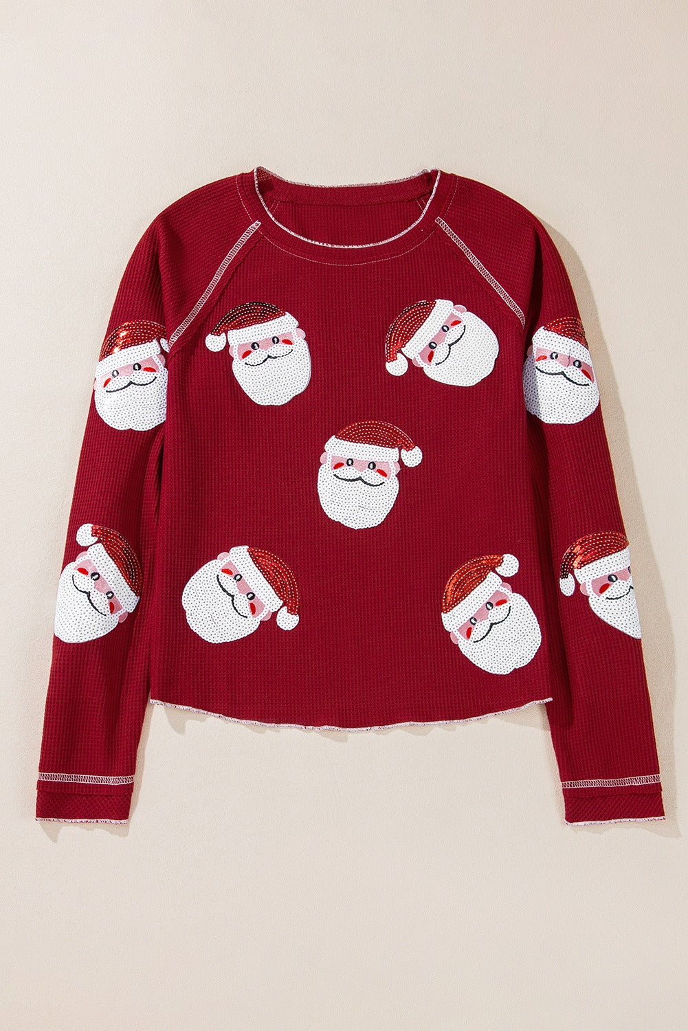 Red Sequin Santa Claus Graphic Textured Long Sleeve Top