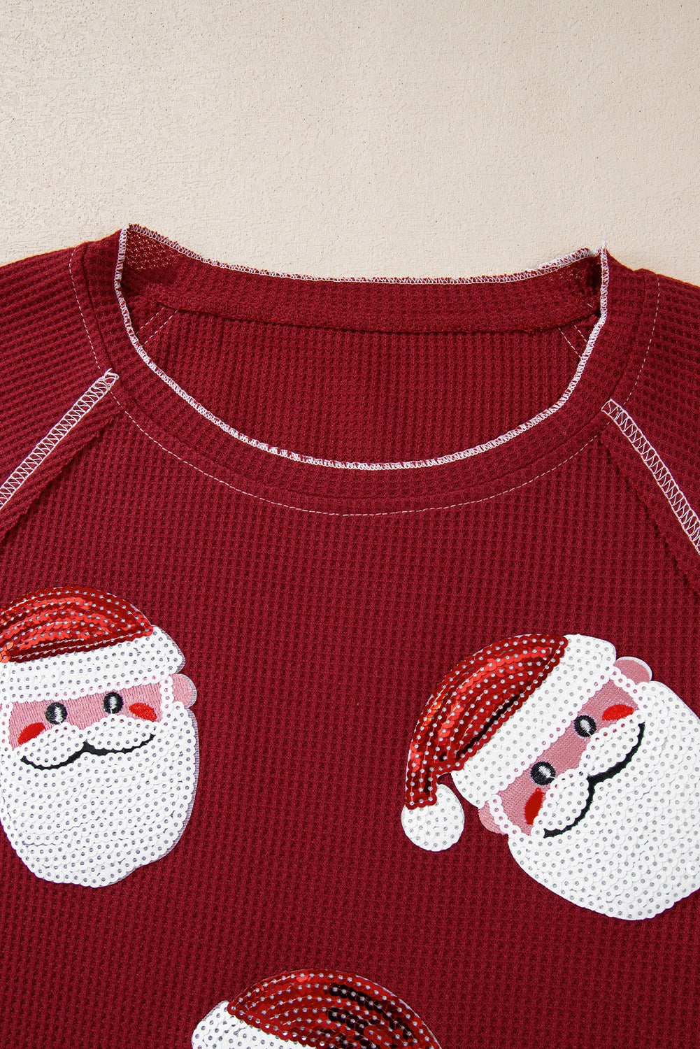 Red Sequin Santa Claus Graphic Textured Long Sleeve Top