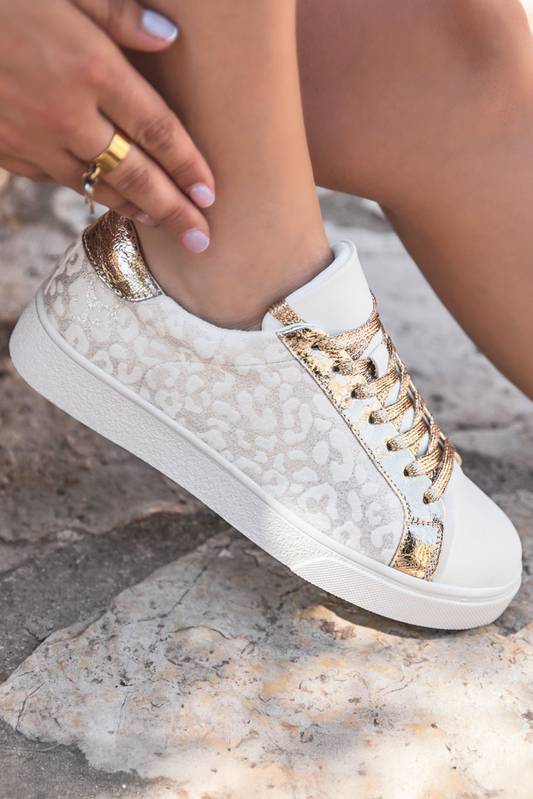 White Leopard Print Glitter Patched PU Leather Lace-up Shoes