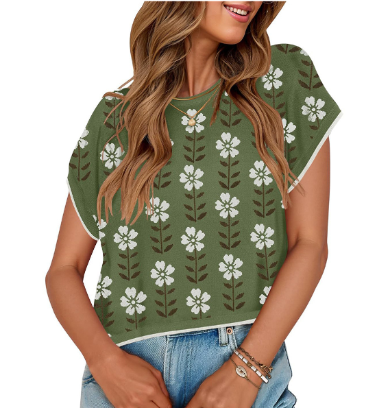 Retro Floral Knit Crop Top Short Sleeve Vintage Pullover Tee