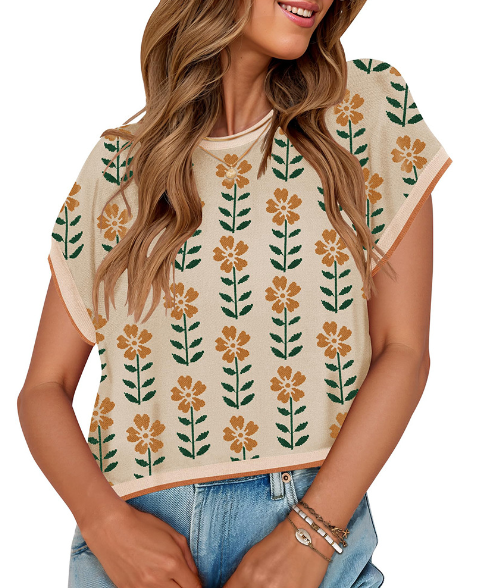 Retro Floral Knit Crop Top Short Sleeve Vintage Pullover Tee