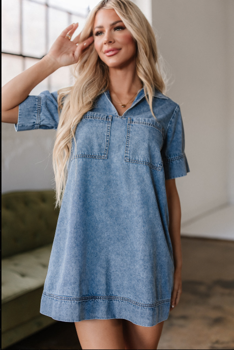 Turn-Down Collar Pocket Denim Shift Mini Dress for Casual Days