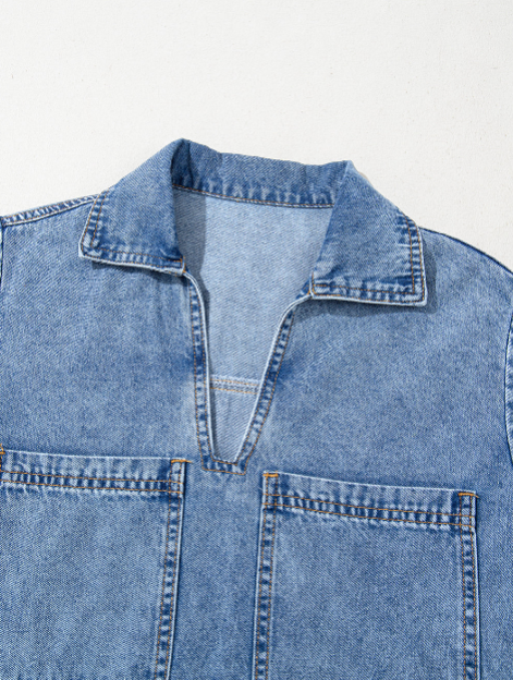 Turn-Down Collar Pocket Denim Shift Mini Dress for Casual Days