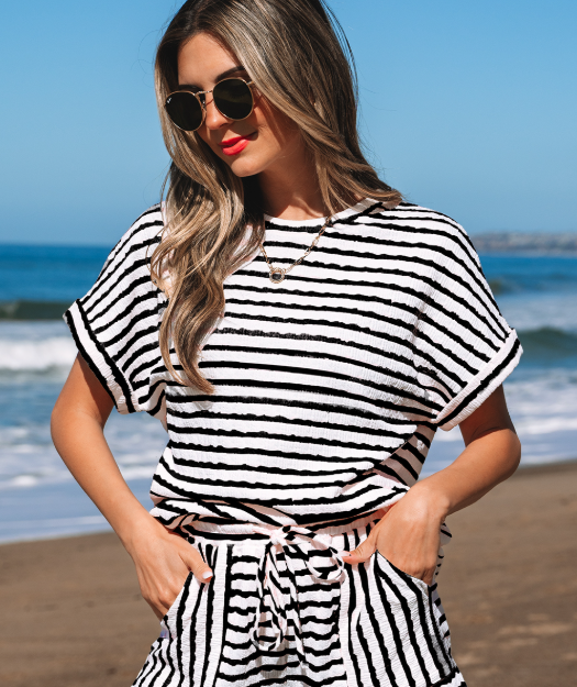Pink Stripe Knitted Short Sleeve Top and Drawstring Shorts Set