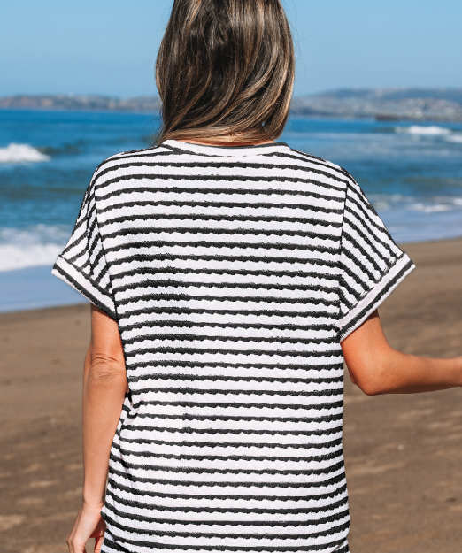 Pink Stripe Knitted Short Sleeve Top and Drawstring Shorts Set