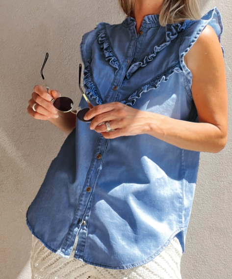 Beau Blue Mineral Wash Cap Sleeve Frilled Button Up Denim Shirt