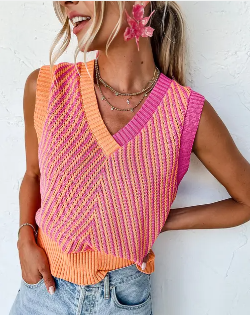 Light Pink Contrast Chevron Knit V Neck Sweater Vest