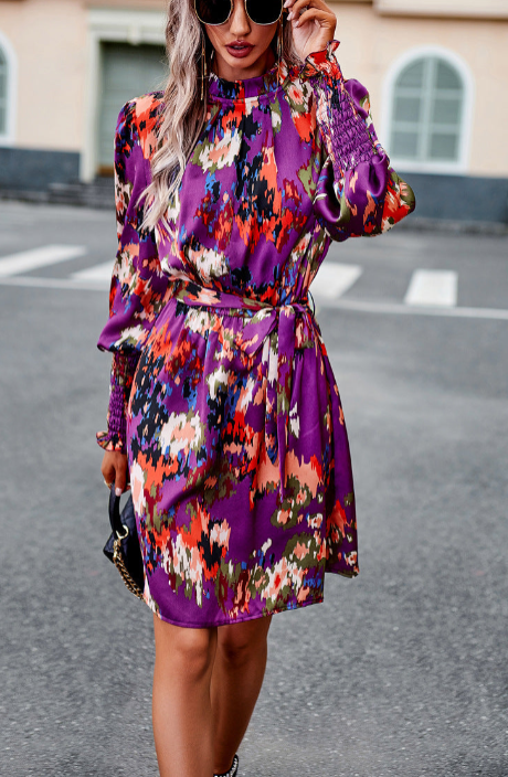 Khaki  Women's Long Sleeve Floral Print Ruffle Short Dress