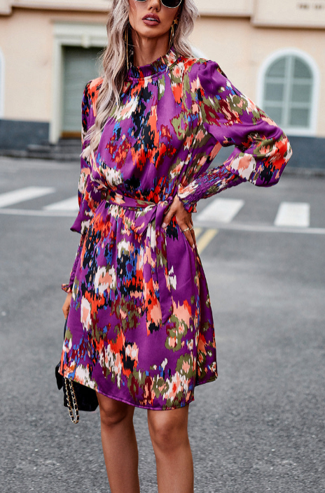 Khaki  Women's Long Sleeve Floral Print Ruffle Short Dress