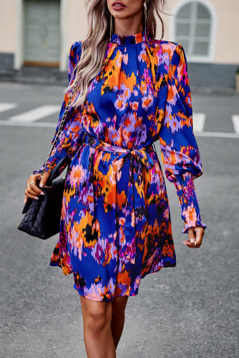 Khaki  Women's Long Sleeve Floral Print Ruffle Short Dress