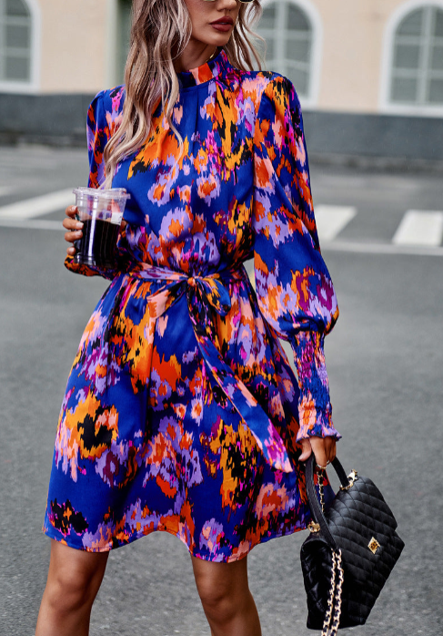 Khaki  Women's Long Sleeve Floral Print Ruffle Short Dress