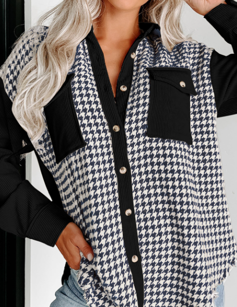 Parchment Houndstooth Corduroy Patchwork Flap Pocket Shacket