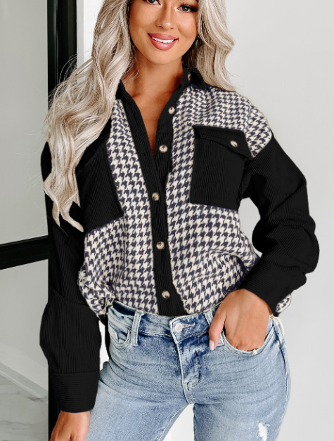 Parchment Houndstooth Corduroy Patchwork Flap Pocket Shacket