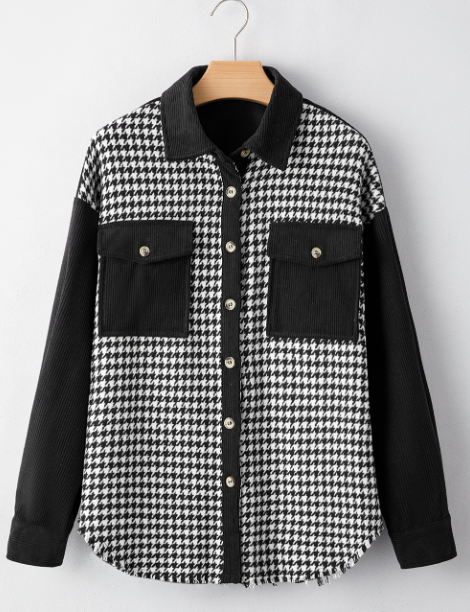 Parchment Houndstooth Corduroy Patchwork Flap Pocket Shacket