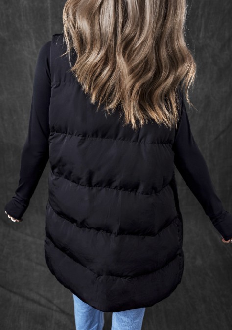 Windproof Longline Full Zipper Puffer Vest with Pockets