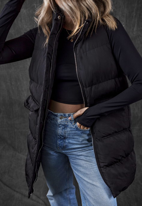 Windproof Longline Full Zipper Puffer Vest with Pockets