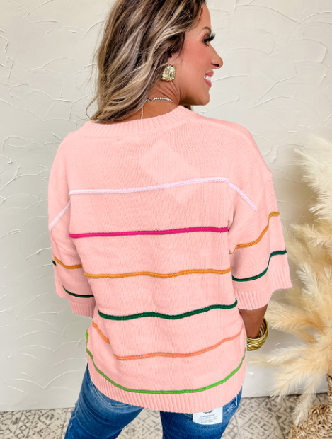 White Colorblock Striped Half Sleeve Drop Shoulder Sweater