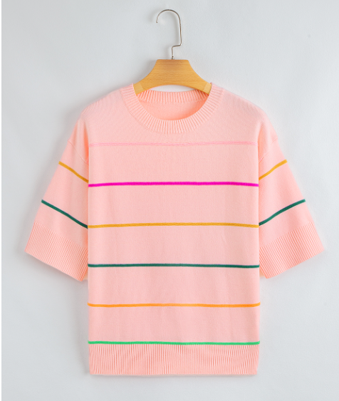 White Colorblock Striped Half Sleeve Drop Shoulder Sweater