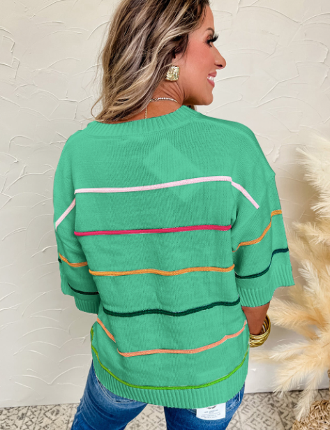 White Colorblock Striped Half Sleeve Drop Shoulder Sweater